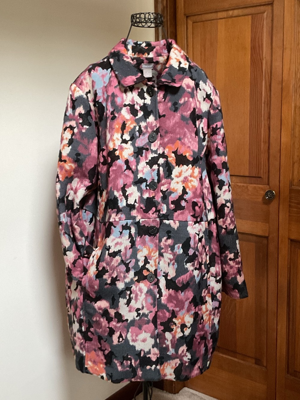 Chico's Pink, Gray & Black Floral-Print Pea Coat, Size 22